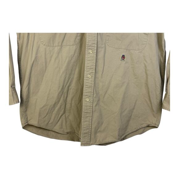 Tommy Hilfiger Shirt Mens Medium Khaki Button Down Oxford Crest Streetwear Y2K - Picture 3 of 15